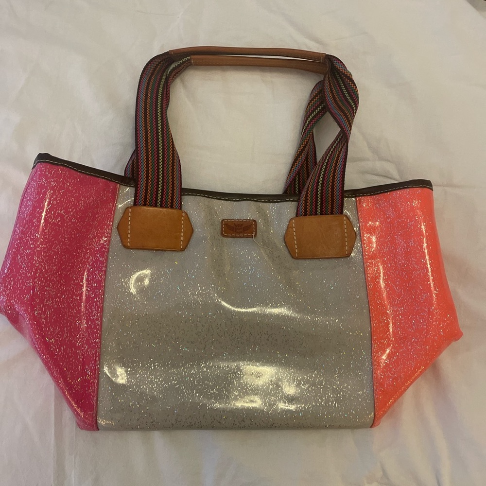 Pink, orange, silver, and black Consuela tote bag!